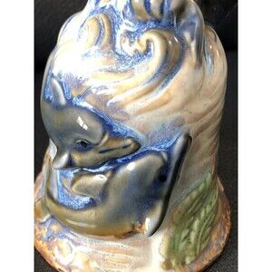 Playful Dolphins Figurine Nautical Pottery Bell with Beach Ocean Marine